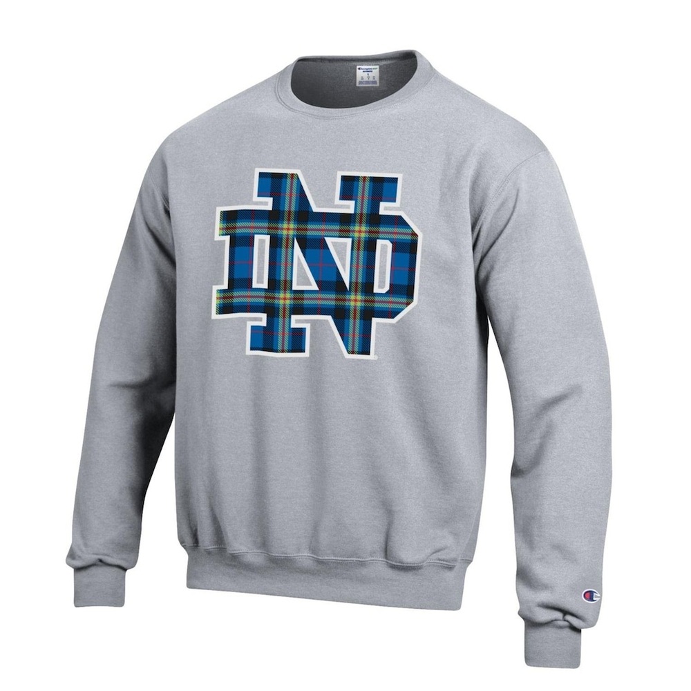 Notre Dame Fighting Irish Champion Plaid Interlock Crew Sweatshirt Grey Size M